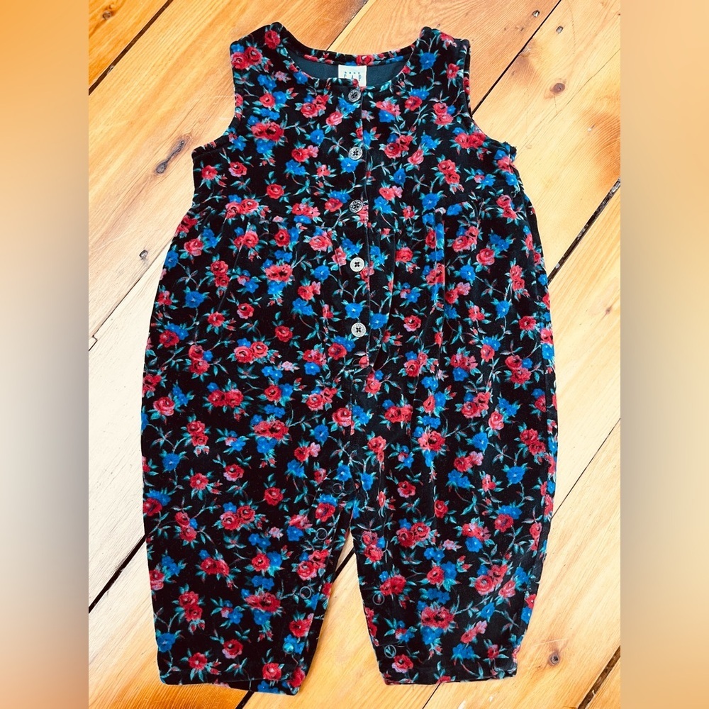 BABY GAP 90s Velvet Roses Floral Romper Cotton Vintage Style Classic Cottagecore